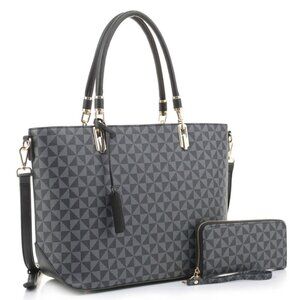Geometric Tote Handbag Set w/ Wallet Vegan Leather Black Gray 2-in-1